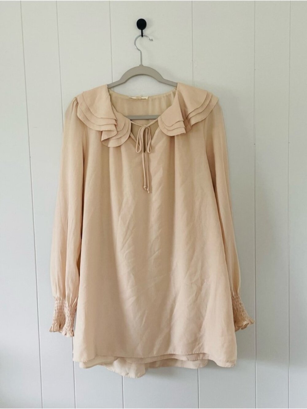 entro Soft Ruffle Collar Long Sleeve Dress in Light Beige